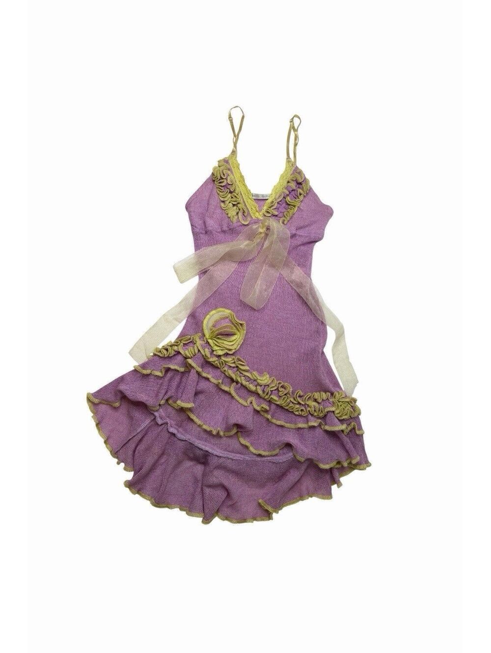 Zone Bleue Y2K Fairy Dress Lilac Purple ChartreuseRuffle Tiered Mini Sheer Lace
